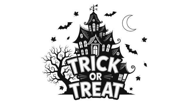 Haunted house illustration with trick or treat text for halloween.