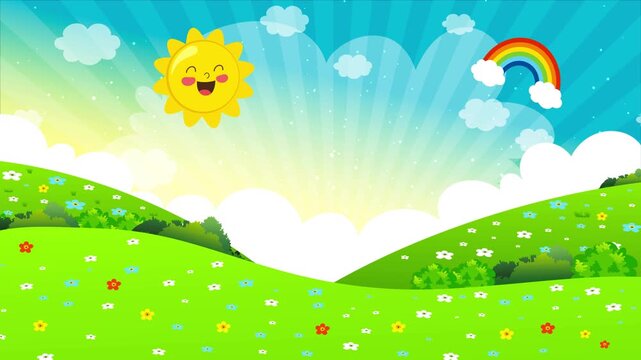 Cartoon Nature Landscape with Rainbow 4k Loop