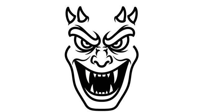 A black and white line art illustration of a menacing demon face with sharp fangs and horns.