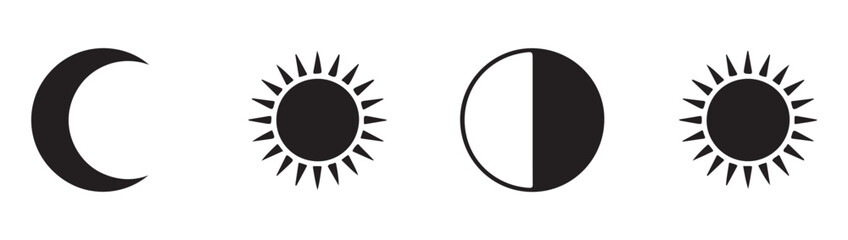 Astronomy moon phases and sun icons set in flat black silhouette style for celestial cycles and astrology. © Farik