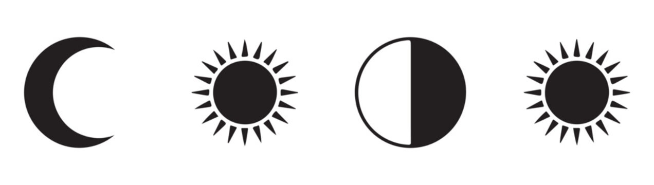 Astronomy moon phases and sun icons set in flat black silhouette style for celestial cycles and astrology.