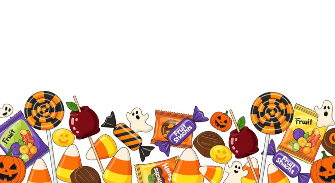 Assorted Halloween candy and treats border illustration.