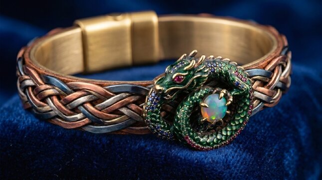 A macro shot of a fantasy-themed leather and metal braided bracelet featuring a central green enameled dragon biting its tail around a glowing fire opal gemstone, set against blue velvet.