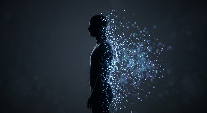 Side profile of a human head and torso dispersing into digital pixel dust, symbolizing mind uploading and quantum computing.