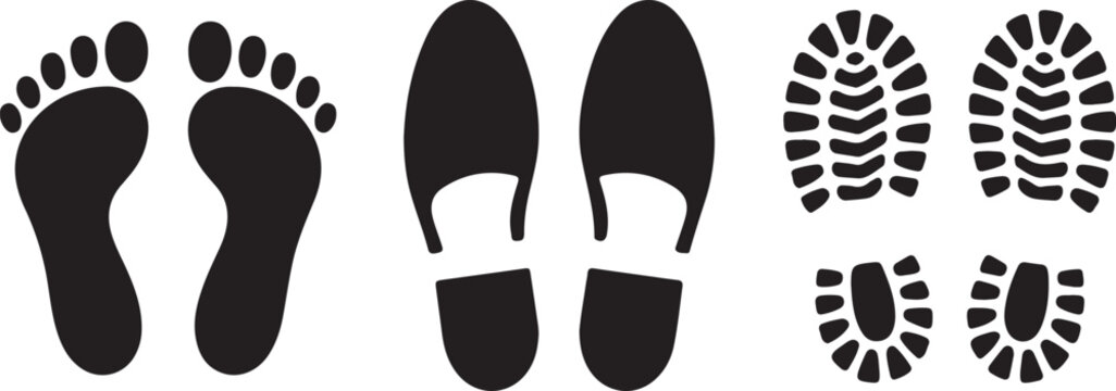 Black footprints and shoe prints collection vector icons