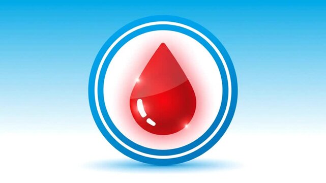 Blood drop inside a circle icon with a light effect, blood donation symbol and medical illustration on blue background