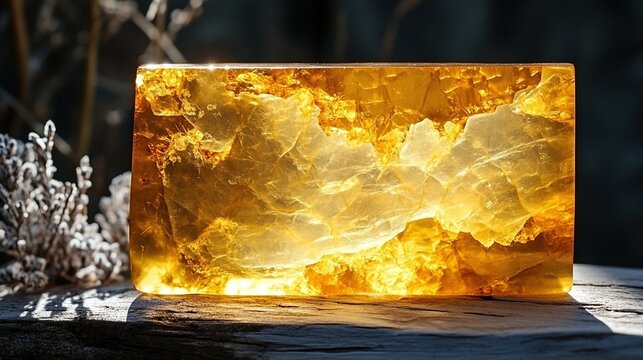glowing rectangular slice of natural amber or citrine crystal backlit by the sun, warm, golden light reveals intricate internal fractures and textures, mystical, organic, luxurious atmosphere, spa