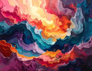 Fototapeta premium Vivid Abstract Fluid Paint Swirls Flowing Across Colorful Textured Canvas