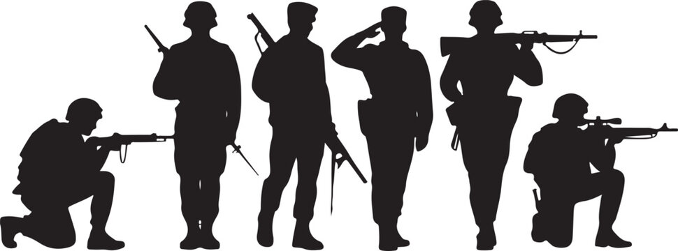 Soldiers in various combat positions with rifles
