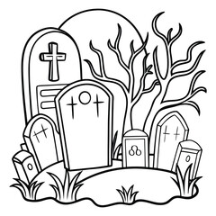Obraz premium Black and white of a spooky graveyard with tombstones and bare tree moon grass