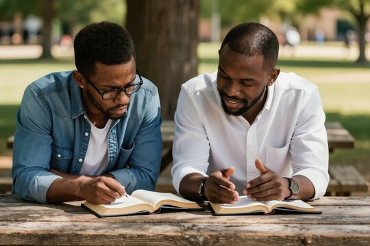 Two African American men friends study bible together outdoors at park table. One man writes notes while other explains scripture passage. They share faith and knowledge.