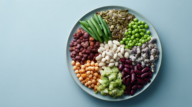 Variety plate of vegetables legumes and seeds on blue background
