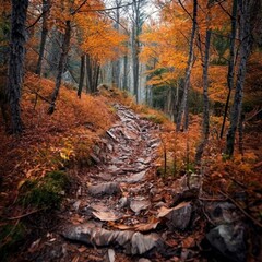Obraz premium mountain hiking trail through autumn forest adventure travel