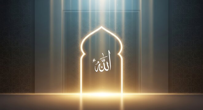Illuminated islamic arch with calligraphy of allah religious background