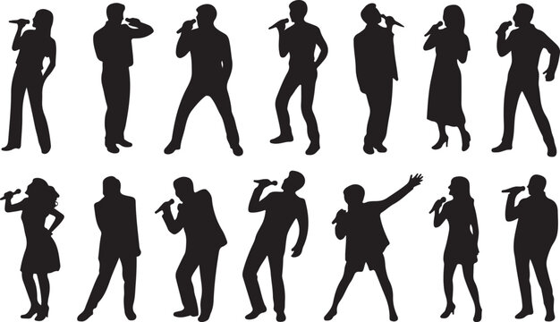 Silhouettes of people dancing and holding microphones