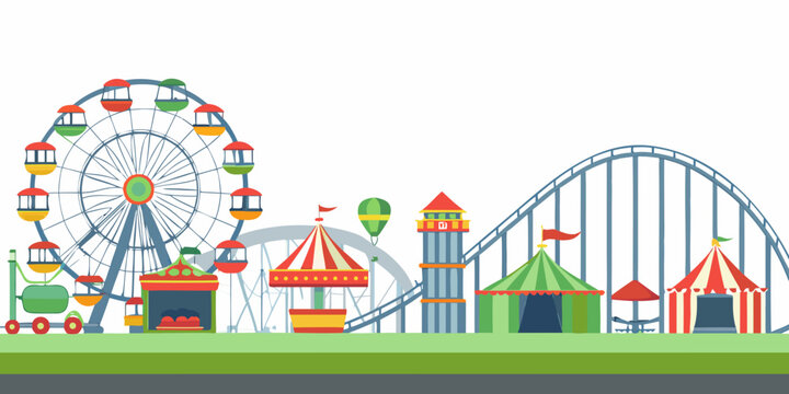 Amusement park scene with ferris wheel roller coaster and tents vector illustration
