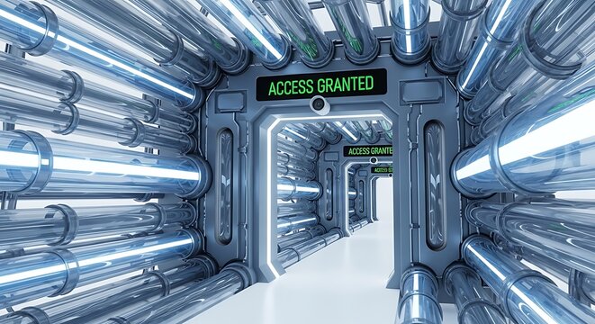 Futuristic corridor with glowing blue pipes and access sign