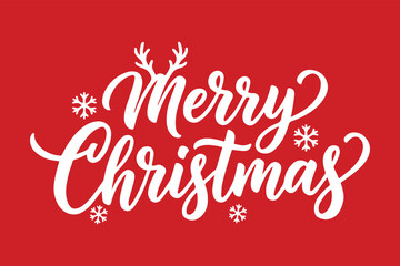 Merry Christmas hand drawn calligraphy lettering text with reindeer antlers and snowflakes vector illustration on red background © Aprttidur