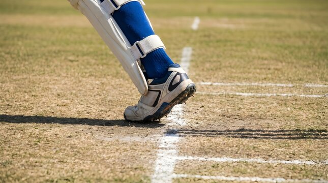 Cricket player wearing protective leg pads and spiked shoes standing on the marked crease line during a professional sports match
