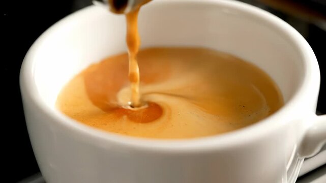 Detailed macro close-up of fresh espresso coffee pouring into a white porcelain cup, showing the thick liquid stream and the formation of a rich golden-brown crema swirl pattern.