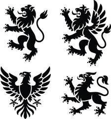 Fototapeta premium Heraldic Griffin and Lion Crest Silhouette Collection with Winged Emblems Isolated on White Background