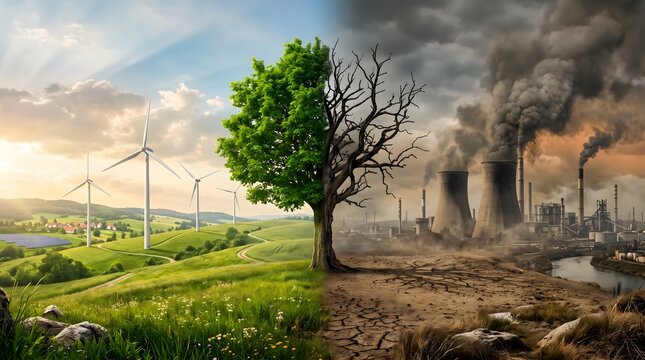 Contrast of clean energy vs industrial pollution