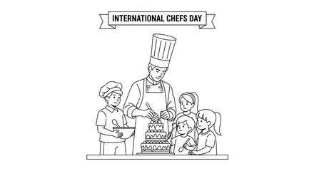 Obraz premium A professional chef teaching a group of children how to decorate a cake.