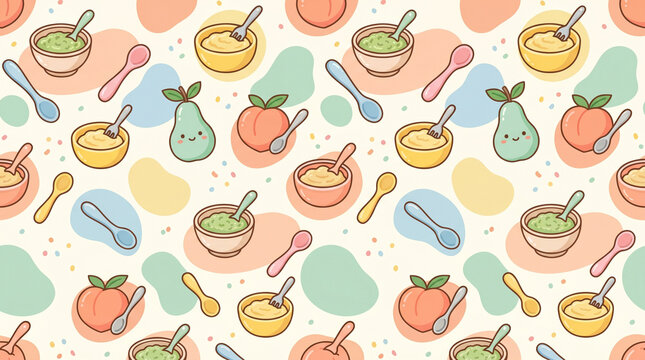 Seamless cute flat vector pattern. Apple puree, banana mash, pear, peach, baby spoon icons, soft pastel blobs. Nursery-friendly clean illustration style.
