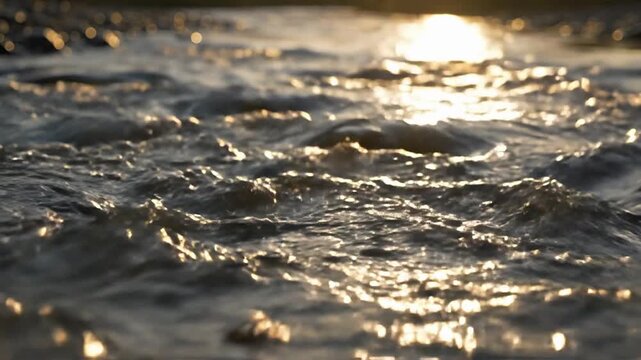 Beautiful golden water surface with sun reflections, perfect for nature-themed video projects, creating a peaceful and serene atmosphere, ideal for relaxation and environmental concepts.