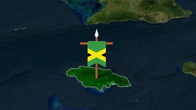 Jamaican flag displayed on a nautical emblem floating above the island nation's territory