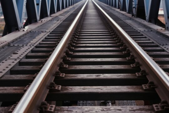 Railroad tracks stretch to horizon on metal bridge. Trains travel on parallel lines across industrial structure. Railway pathway offers linear perspective and strong symmetry.