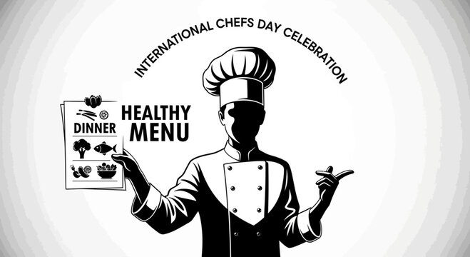 A professional chef holding a healthy dinner menu for International Chefs Day celebration.
