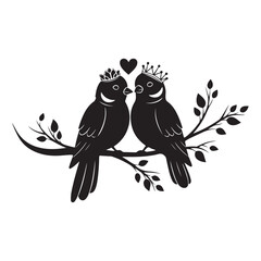 Fototapeta premium Black bird silhouette vector with crowns and heart on leafy branch for romantic wedding and anniversary invitation design