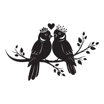 Black bird silhouette vector with crowns and heart on leafy branch for romantic wedding and anniversary invitation design