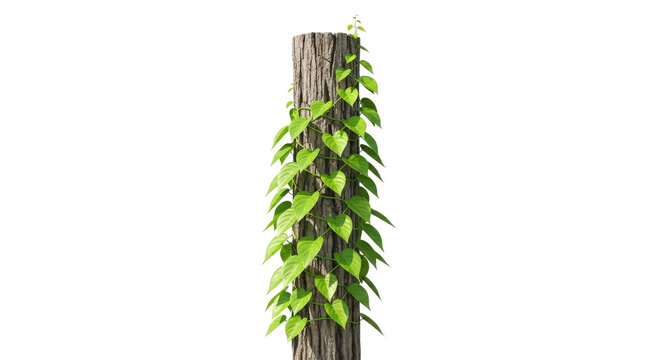 Vertical vine clad wooden stem with green leafy growth leaves