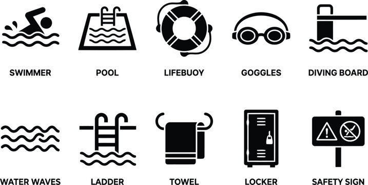 Swimming Pool Icon Set: Swimmer, Pool, Lifebuoy, Goggles, Diving Board, Waves