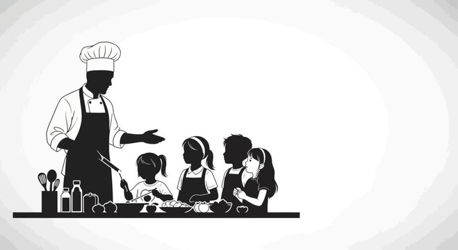 A professional chef teaching a group of young children how to cook in a kitchen.