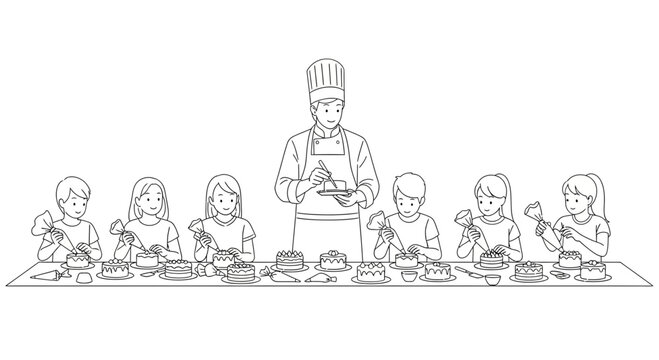A professional chef teaching a group of children how to decorate cakes.