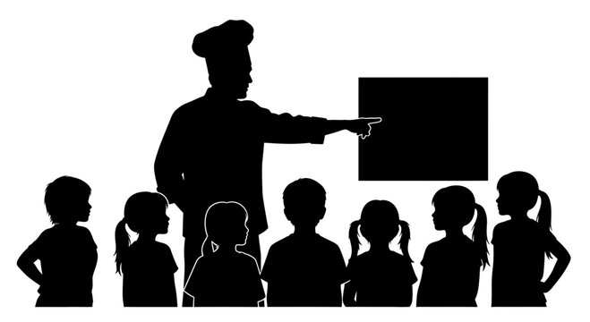 Silhouette illustration of a chef teaching a group of children in a classroom setting.