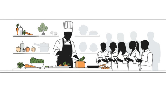 A professional chef teaching a group of culinary students in a kitchen.