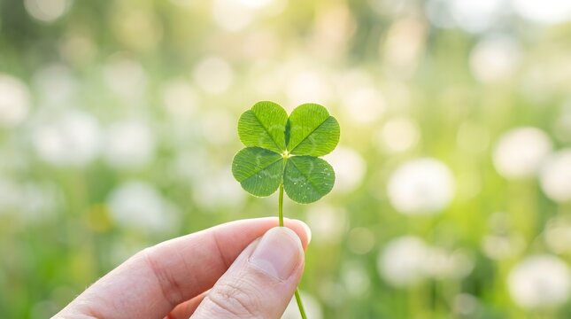 Hand holding a bright green four-leaf clover in soft sunlight