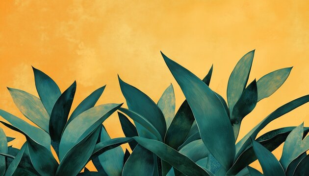 Abstract illustration of green tropical leaves against a yellow background. Modern botanical art with textured foliage. Nature inspired wallpaper