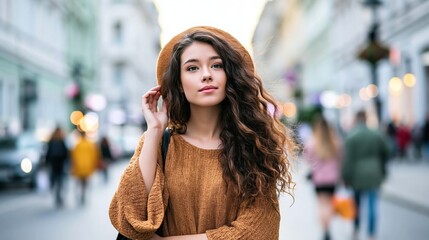 Fototapeta premium A stylish woman confidently strolls down a busy city street, wearing a fashionable brown hat and a warm sweater, embodying urban chic amidst a bustling urban backdrop.