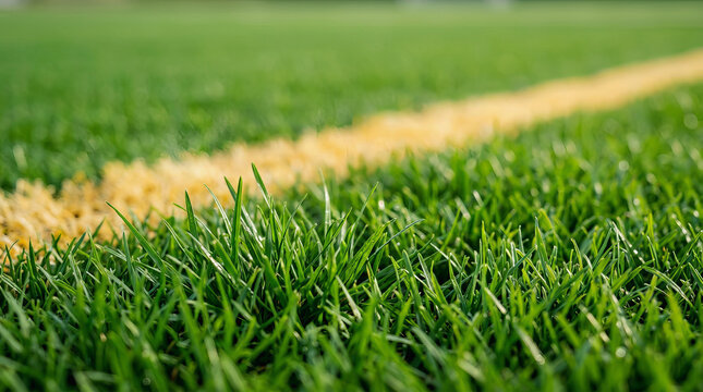 Close up of vibrant green grass blades with a blurred yellow line marking a sports field boundary in the background.