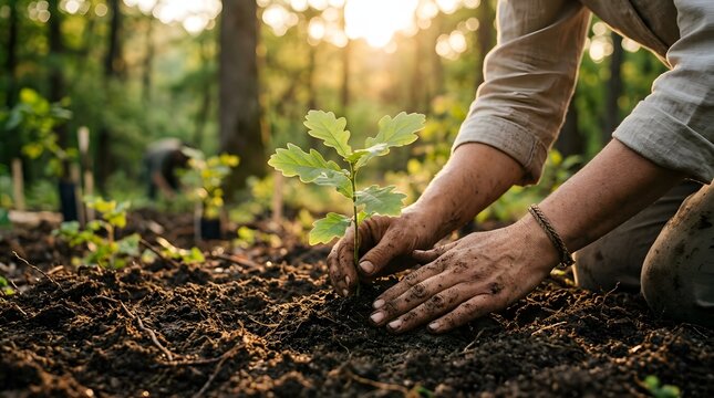Person planting a young oak sapling in a forest at sunset