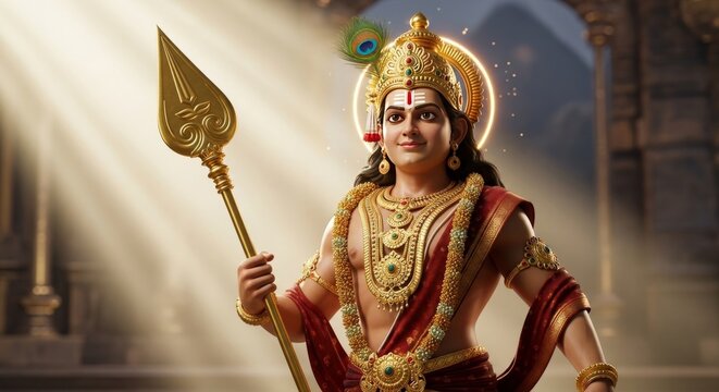 Lord murugan with golden spear traditional indian deity in ornate attire hindu mythology figure