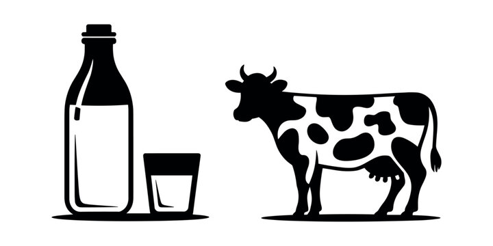 Black and white of cow standing next to milk bottle and glass in white background