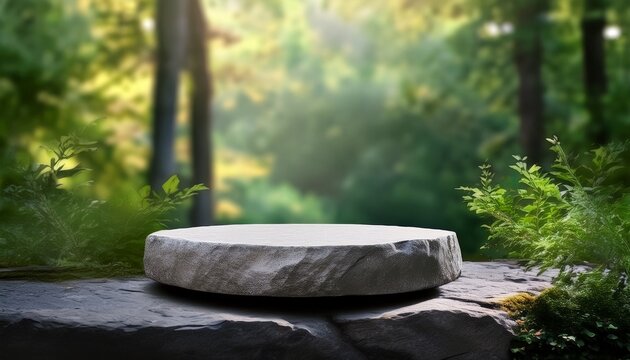 stone podium on rock platform grey rock pedestal for a product display stand green forest and blurred on the background