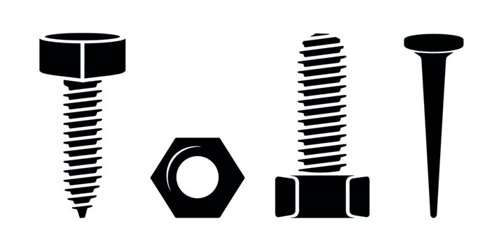 Black and white of screws and nut and nail nuts bolts in white background