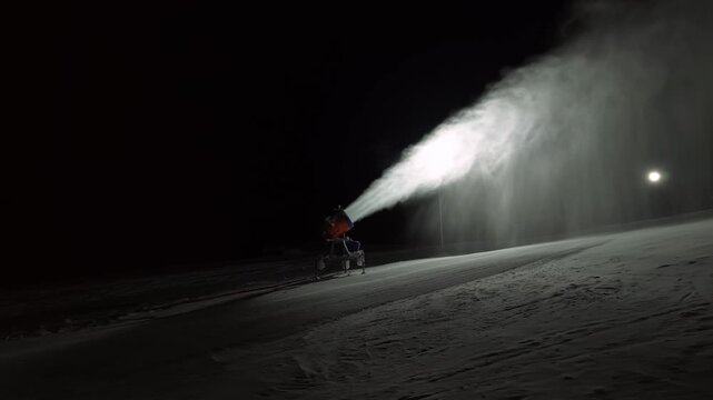 Forceful Air Jet Creates Dense Vapor Display. Intense Fan Force Shapes Visible Mist On Ski Slope Surface